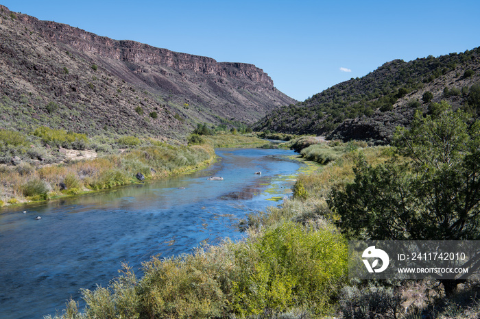 Rio Grande river curves through the Rio Grande Gorge in northern New Mexico in the Rio Grande del Norte National Monument