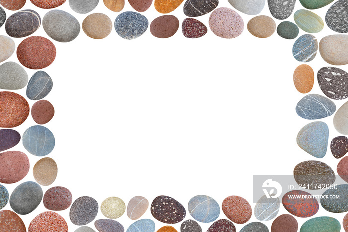 Frame border pattern of colorful pebbles collection isolated on white with copy space, spa concept