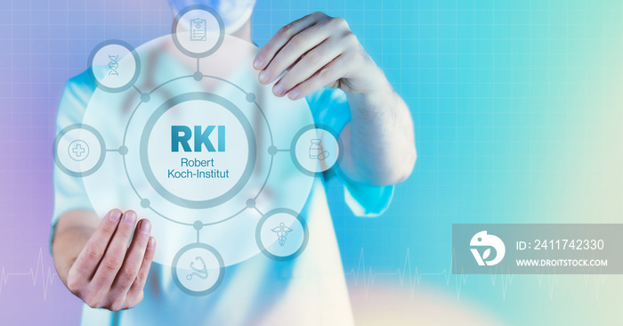 RKI (Robert Koch-Institut). Medizin in der Zukunft. Arzt hält virtuelles Interface mit Text und Icons im Kreis.