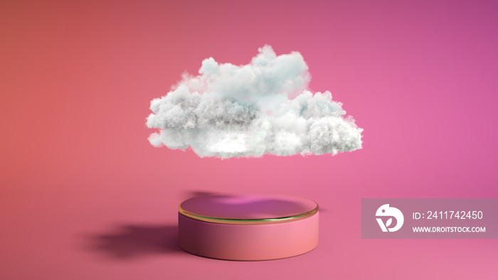 Pink podium with cloud on pink background. Product display stand. Insert your product. 3d rendering.