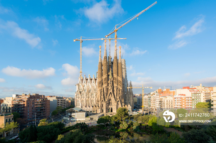 Aerial view of the Sagrada Familia, a large Roman Catholic church in Barcelona, Spain, designed by Catalan architect Antoni Gaudi.