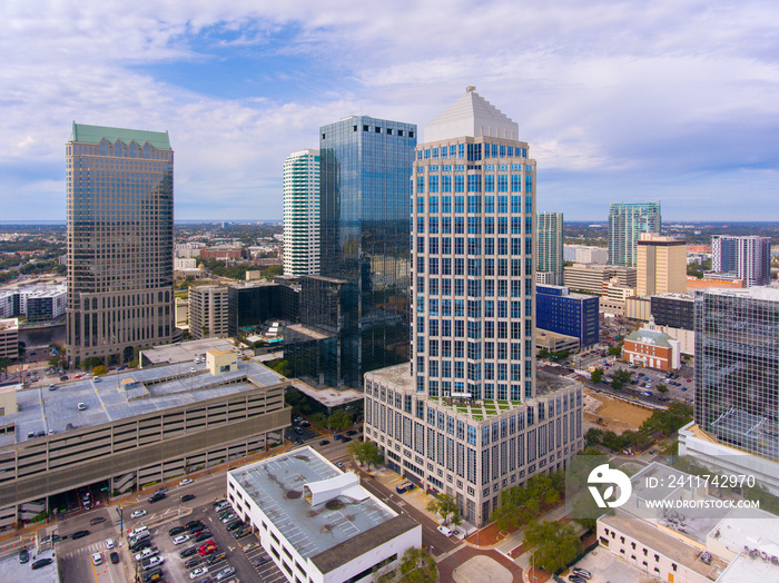 Tampa financial district modern buildings including 100 North Tampa, One Tampa City Center and Truist Place in downtown Tampa, Florida FL, USA.