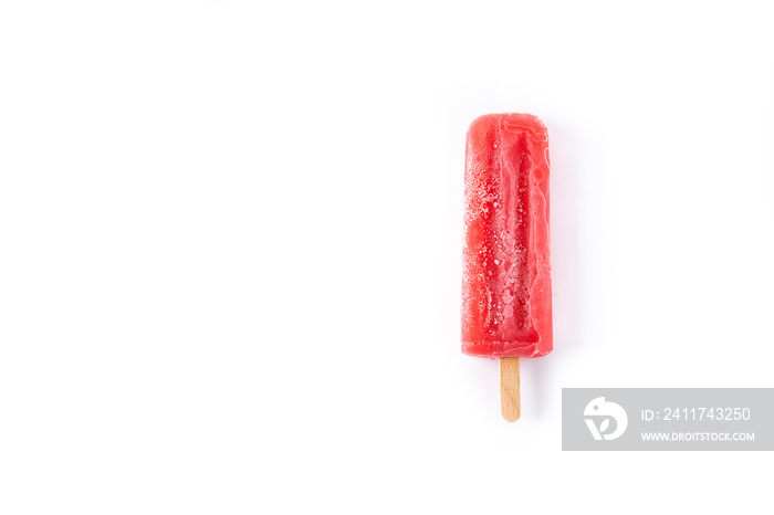 Strawberry popsicle isolated on white background. Top view. Copy space