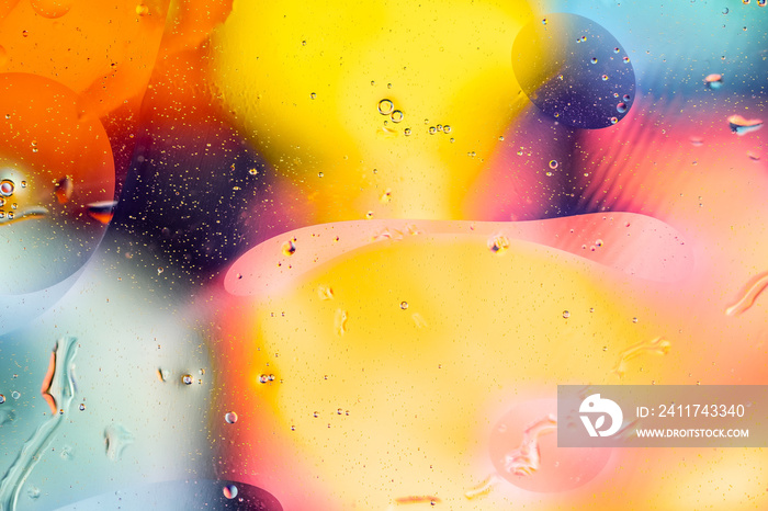 Abstract rainbow color backdrop with oil drops and waves on water surface. 3d render illustration