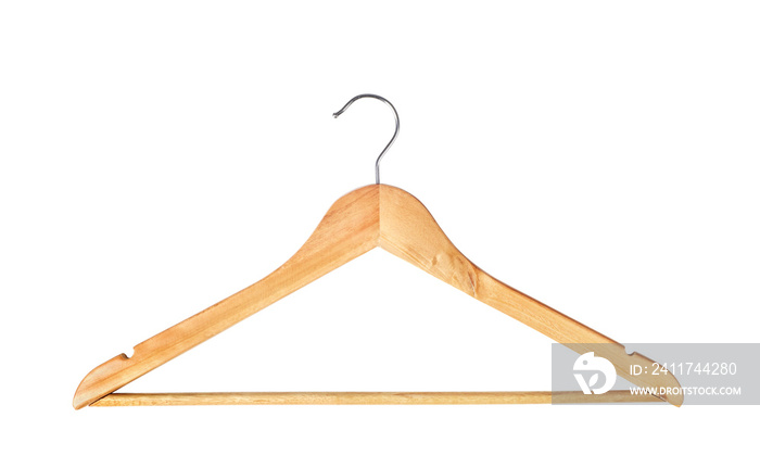 Wooden hanger for clothes isolated on a white background