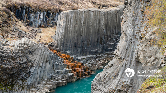 Studlagil basalt canyon, with volcanic basalt columns, Iceland