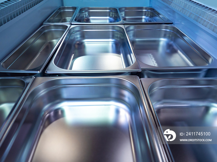 Gastronomic capacity. Metal food container gastro meal storage. Gastro container metal kitchenware empty. Dishes for foodstuff from stainless steel. Equipment for rustoran. Food Production Equipment