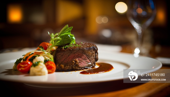 A gourmet Steak, A ripe tomato slices, and lettuce on a , in a modern upscale restaurant