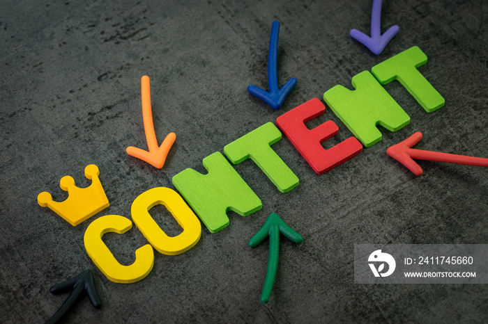 Content is king in modern advertising concept, multi color arrows pointing to the word Content at the center of black cement chalkboard wall