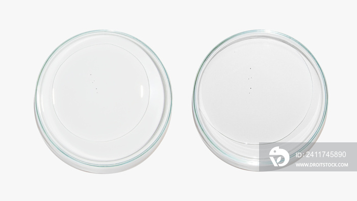 Petri dishes with clear liquid, gel, fluid texture. On a light background. Laboratory, research, cosmetology.