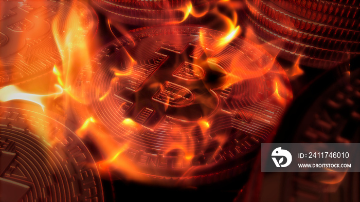 Bitcoin crypto currency burning under fire value diminishing bubble bursting 3D illustration rendering