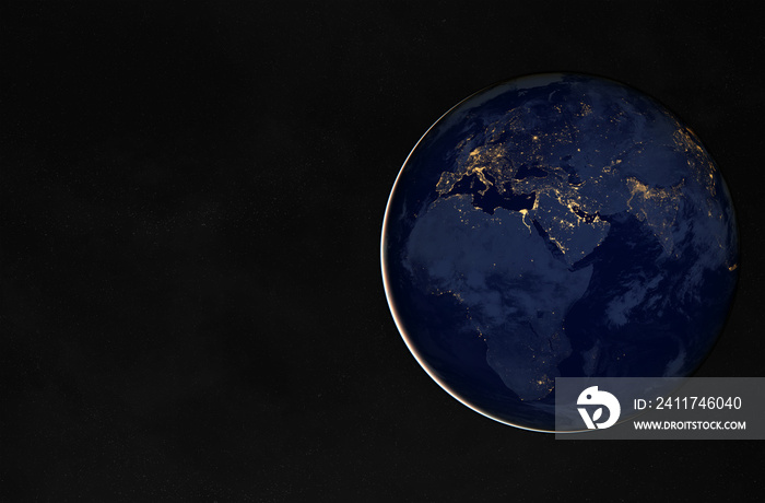 View of planet Earth at night with cities lights on Europe and Africa 3D rendering elements of this image furnished by NASA