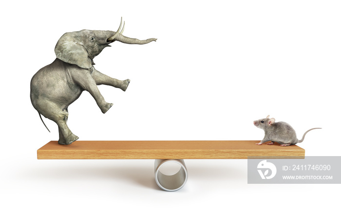 Concept of things importance. Elephant and mouse balanced on a seesaw. 3d illustration