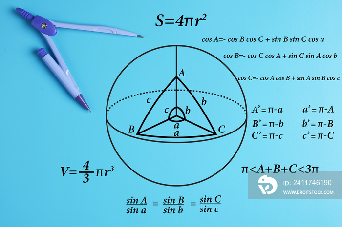 A picture of geometry compass with sphere shape, trigonometry and geometry formula.