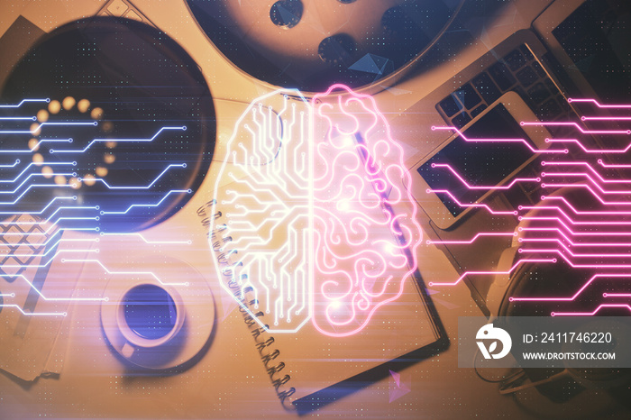 Double exposure of brain sketch and table top veiw. Concept of data analysis.