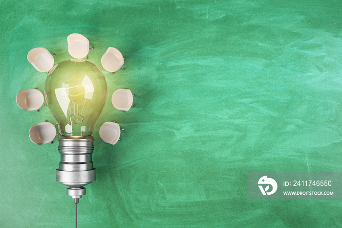 Teamwork and innovation concept with glowing light bulb and light office chairs around on green chalkboard background. 3D rendering, mock up