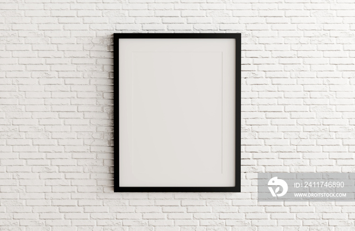 Blank black picture frame template for place image or text inside on white brick wall.