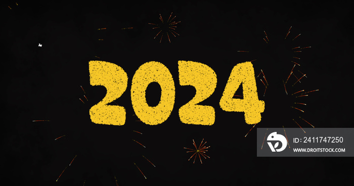 Image of 2024 and yellow fireworks exploding on black background