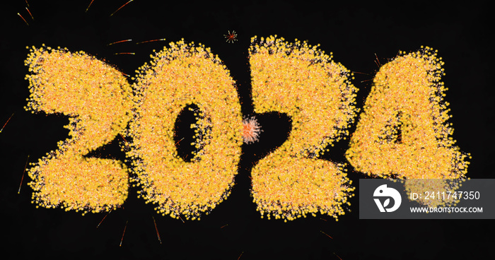 Image of 2024 and yellow fireworks exploding on black background