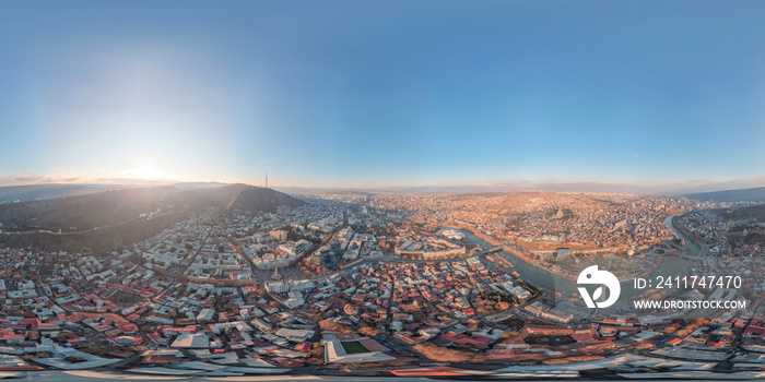 Tbilisi Georgia Old Town Mtacminda Dron image with 3D spherical air panorama with 360 degree viewing angle. Ready for virtual reality in vr. Full equirectangular projection.