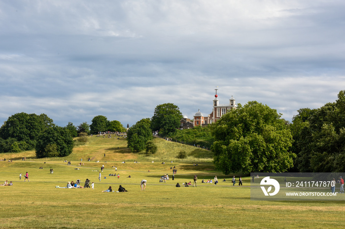 Greenwich park with observatory in the background during summer