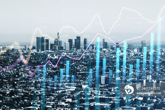 Growth property price and real estate concept with digital graphic financial chart graphs and diagram raising up on megapolis city skyline background, double exposure