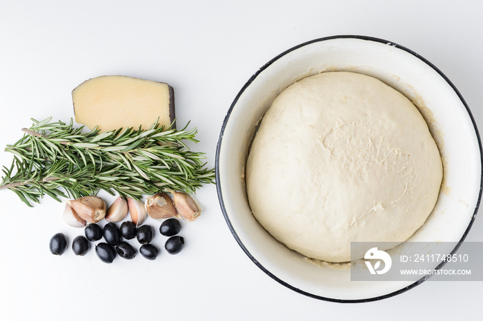 Ingredients for Italian focaccia on white background