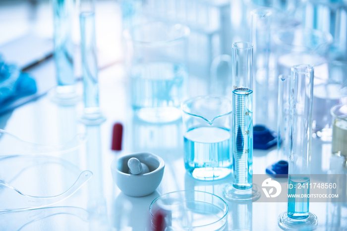 Medical laboratory test tube in chemistry biology lab test. Scientific research and development and healthcare concept background