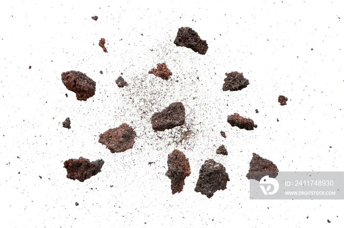 Rock explosion with dust particle. Abstract blast isolated