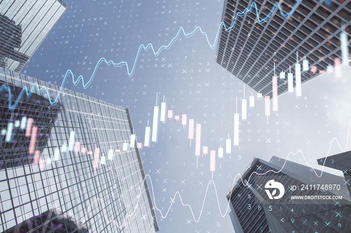 Creative glowing forex chart on blurry texture. Trade, finance, stats. Double exposure.