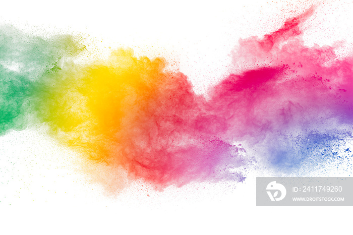 Colorful powder explosion on white background. Pastel color dust particle splashing.