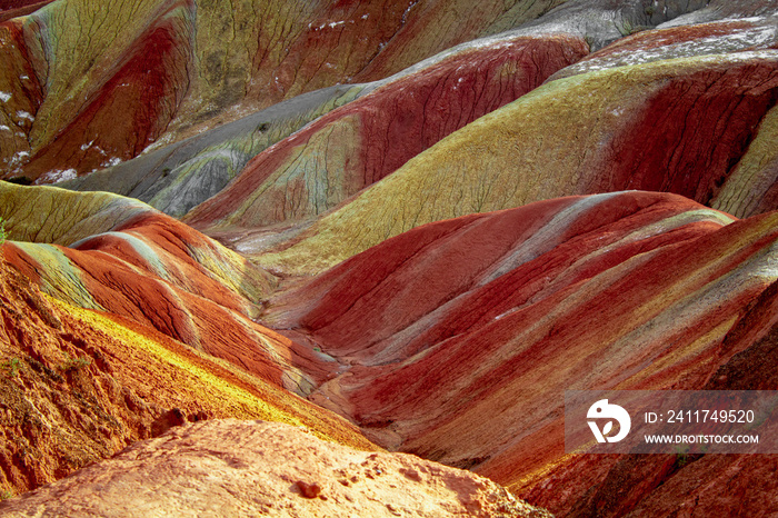 Close up on colorful layers of Zhangye Danxia landform during the sunset. Rainbow mountains, Gansu, China