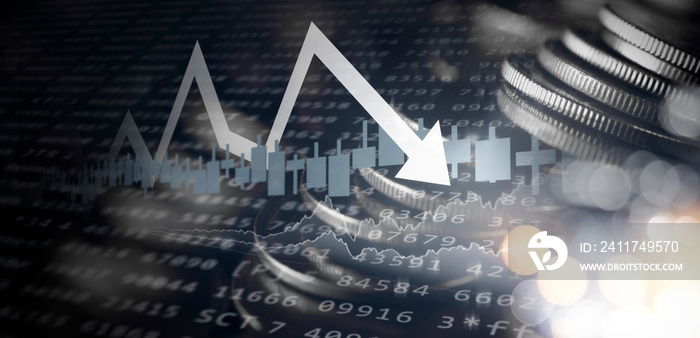 Double exposure image of coin stacks on technology financial graph background.Economy trends background for business ,financial meltdown ,Cryptocurrency digital economy.