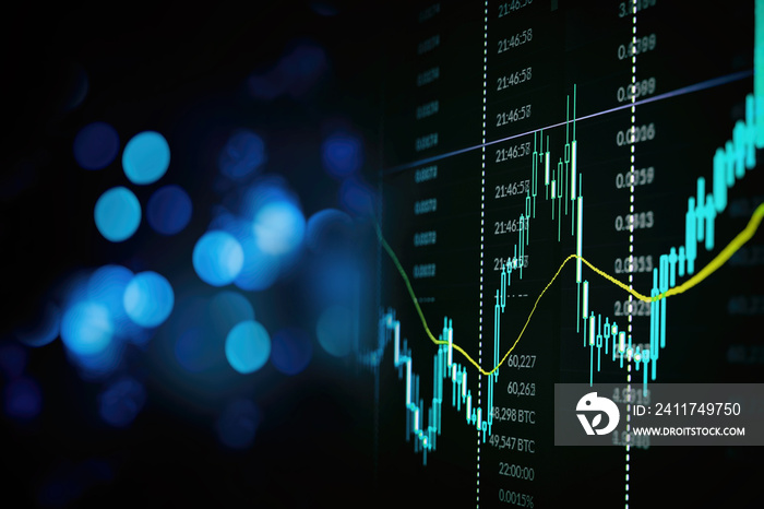 Close up financial chart with uptrend line graph in stock market on de-focused blue color bokeh background