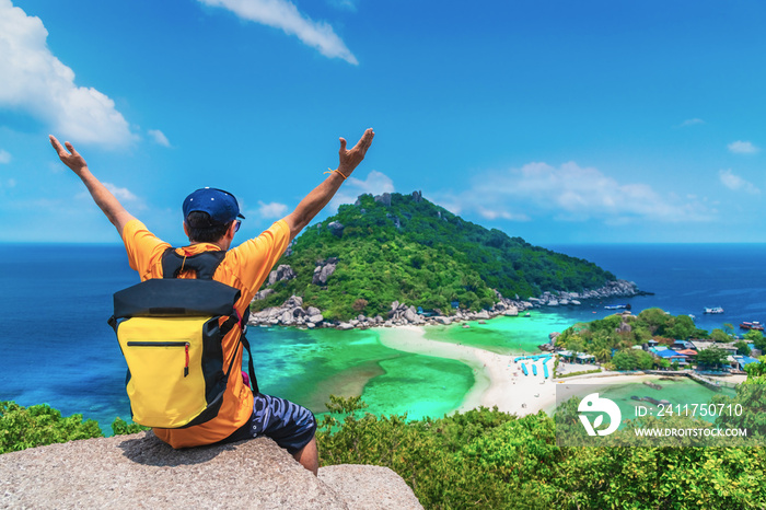 Outdoor adventure man traveler on top island joy fun beautiful nature scenic landscape vacation beach Koh Nang Yuan Attraction landmark tourist travel Thailand summer holiday, Tourism destination Asia