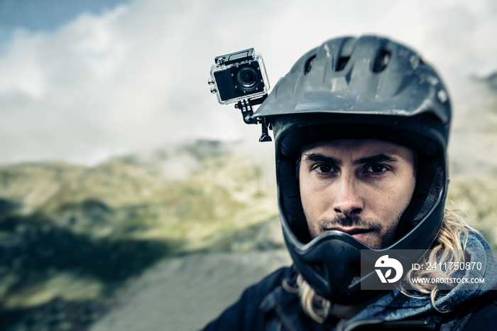 Mountainbiker With Actioncam On Helmet