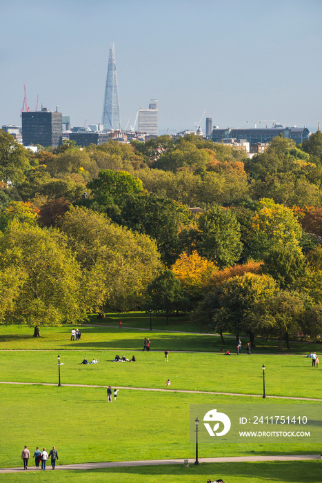 London City Skyline in Autumn seen from Primrose Hill in Chalk Farm, London Borough of Camden, England, United Kingdom