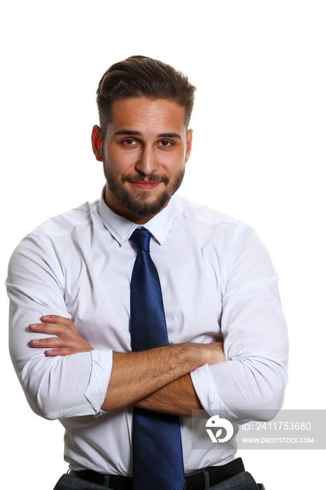 Handsome smiling adult bearded brunette caucasian person wearing glasses and shirt look in camera headshot isolated over white background. White collar guy dress code modern lifestyle joy concept