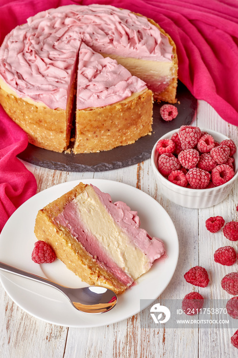 white chocolate and raspberry cheesecake, close up