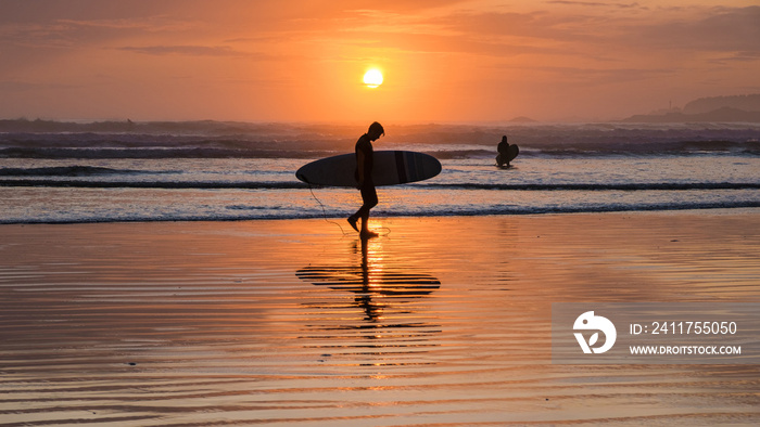 Tofino Vancouver Island Pacific rim coast, surfers with surfboard during sunset at the beach, surfers silhouette Canada Vancouver Island Tofino Vancouver Islander Island