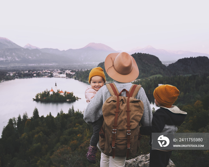 Journey Slovenia with kids. Family travel Europe. View on Bled Lake