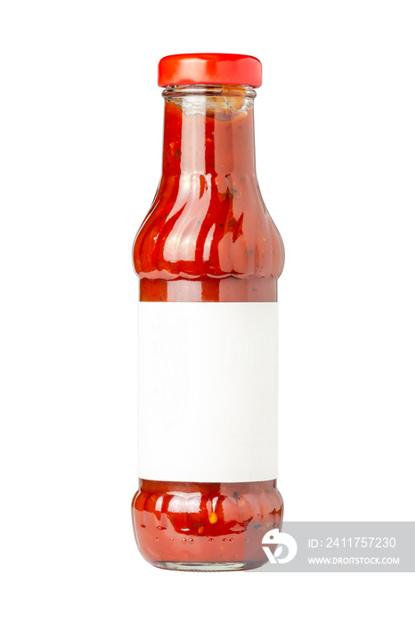 glass bottle of hot tomato sauce on white background with copy space