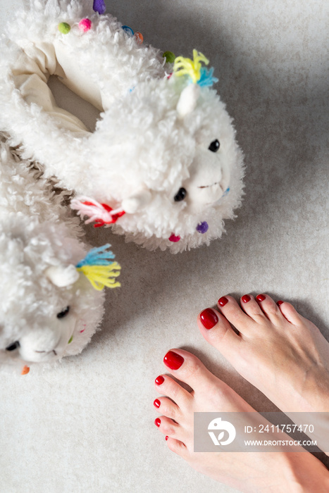 Cute soft 3d llama slippers and feet with red pedicure on the grey background