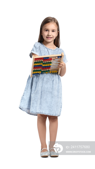 Cute little girl with abacus on white background