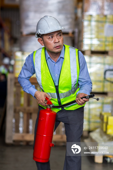 Foreman or worker holding a fire extinguisher and ready stop fire in factory or warehouse