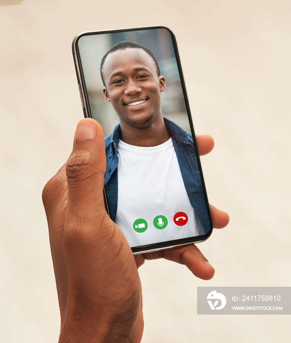 Video call. Black guy using smartphone for online meeting with friend or teleconferencing with brother, collage, closeup