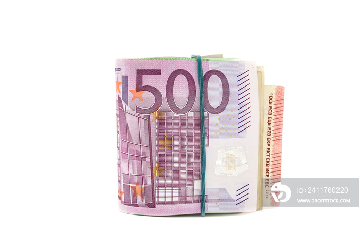 folded euro banknotes isolated on a white background. Euro banknotes tied with an elastic band. Close-up.