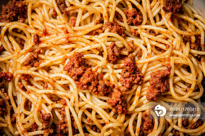 Spaghetti bolognese. Macro background. Spaghetti bolognese texture.