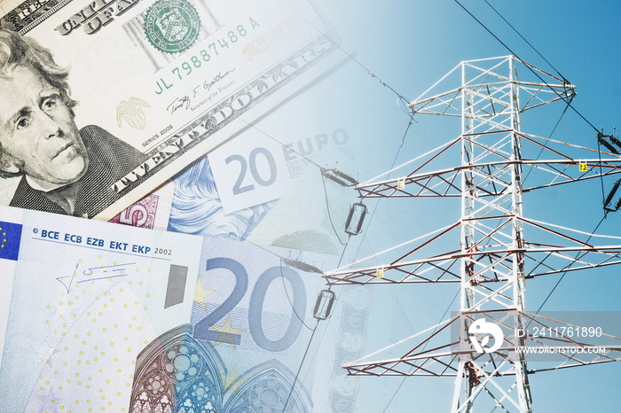 Electricity prices background. Household expenses rising. Electrical pole and cash. Power consumption background. Euro and dollar currency. Costs of living. Power supply industry.