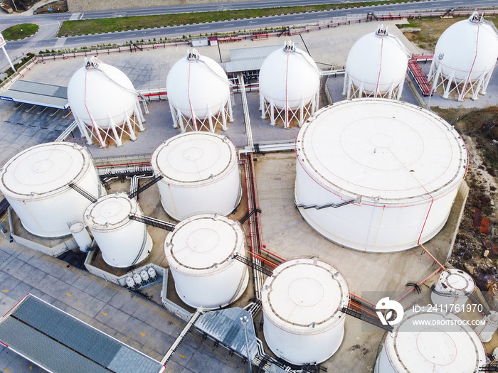 Liquified natural gas storage. LNG or LPG gas plant. Storage tanks for liquefied gas. Aerial view